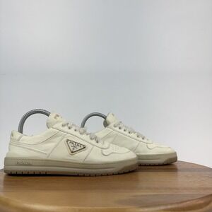 Womens Prada Downtown Ivory Leather Comfort Casual Sneakers Shoes Size 37 GUC